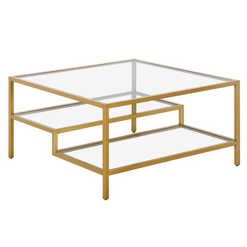 32-Inch Glass Square Coffee Table with Steel Base and Storage Shelves - 32” x 32” x 17”