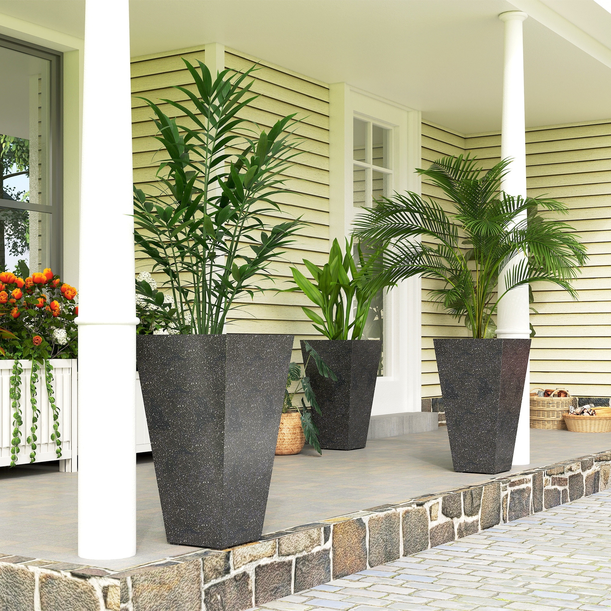 Outsunny 28 Inch Tall Planters for Outdoor Plants, Set of 3 Plastic Flower Pots with Marble Finish and Drainage Holes