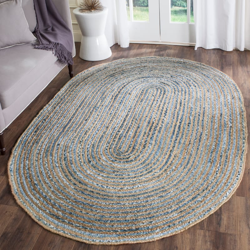 SAFAVIEH Handmade Cape Cod Zoritza Coastal Jute and Denim - 8' x 10' Oval - Natural/Blue - Runner/Oval
