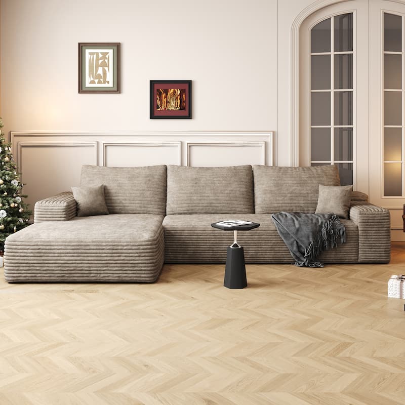 Modern Corduroy Upholstered L-shaped Deep Seat Sectional Sofa with Chaise Lounge, Floor Standing Modular Compression Couch - Camel