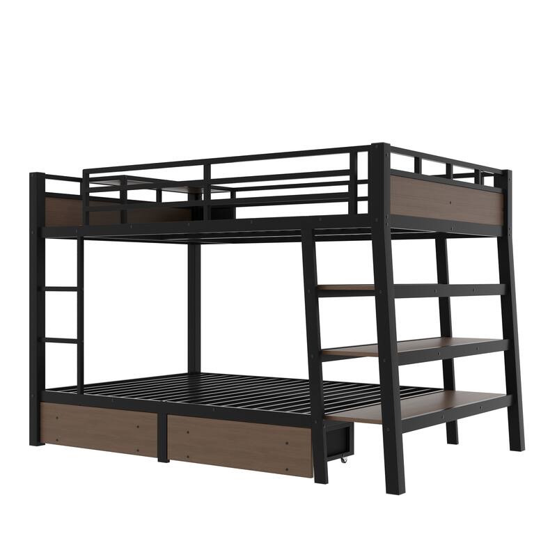 Metal Bunk Bed with Open Storage Shelves, Underbed Drawers and Built-in Desk with Charging Station for Guest Rooms or Dorms