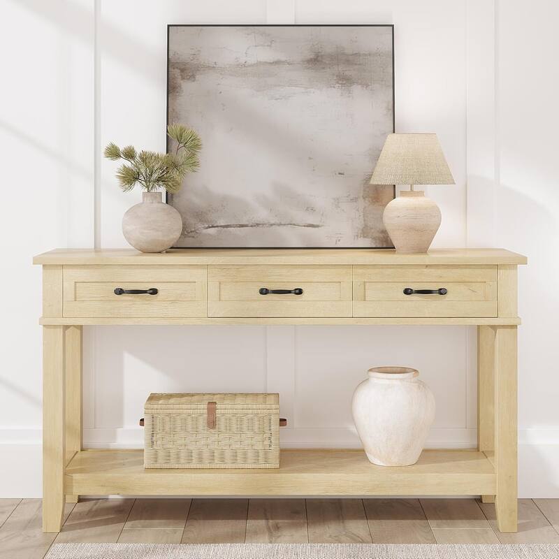 2 Tier Farmhouse Entryway Table, Console Table with 3 Storage Drawers - Natural