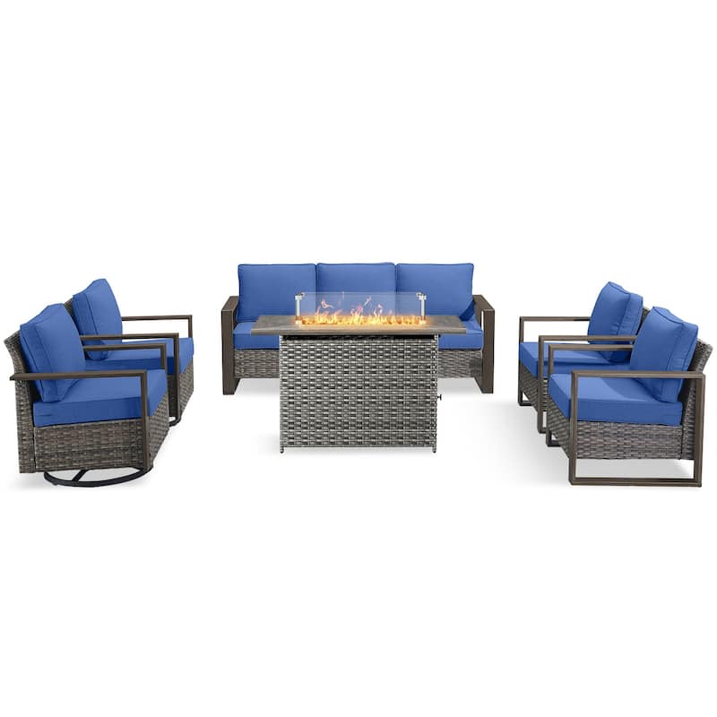 Pocassy 6 Pieces Outdoor Sofa Chair with Fire Pit Table Set
