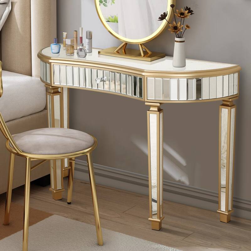 Roomfitters 47" Half-Moon Mirrored Console Table, Fluted Glass Entryway Vanity with Crystal Knob Drawer