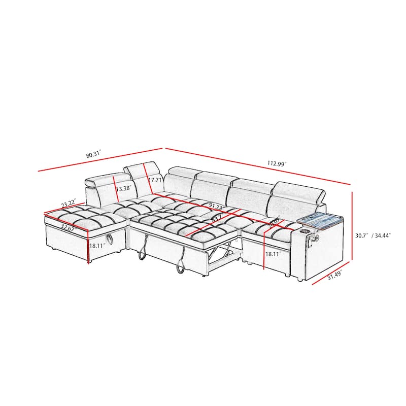 Modern Sectional Sofa Bed with USB Ports and Storage Ottoman and Swivel Table for Living Room and Guest Room