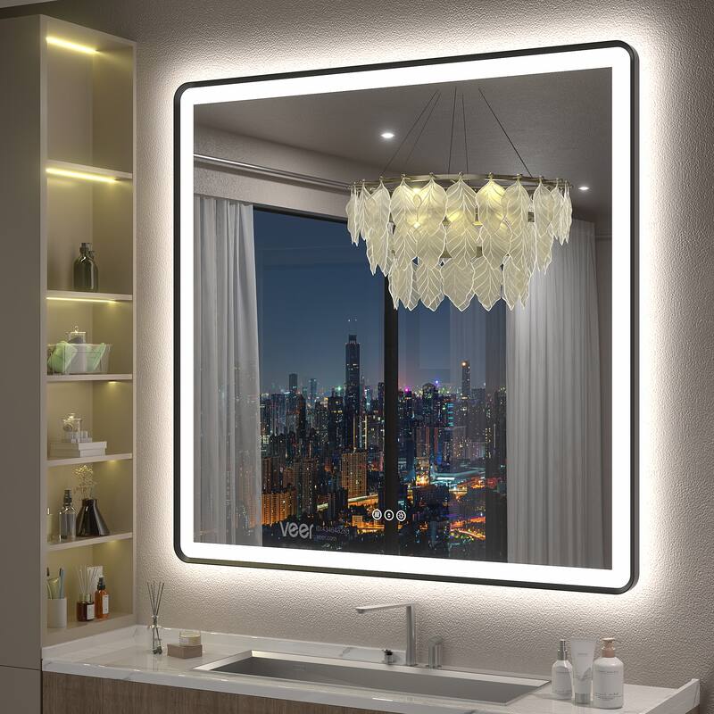 UL Certified Front & Back LED Anti-Fog Tempered Glass Framed Bathroom/Vanity Mirror 3-Year Warranty - 38" x 38"-Rounded Corner - Black