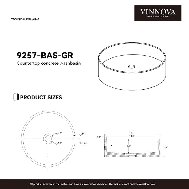 Vinnova Moguer Grey Concrete Circular Vessel Bathroom Sink - 15.4"L×15.4"W×4.7"H