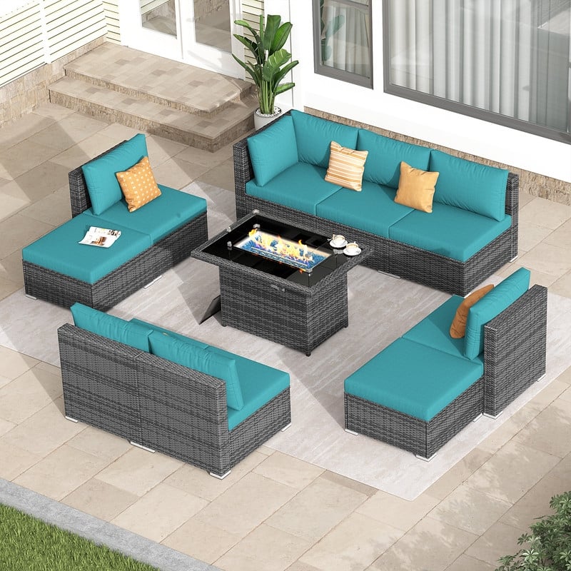 FINCATI 10-Piece Outdoor Wicker Sectional Furniture Set with Fire Pit Table for Backyard Patio - 10 PCS