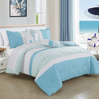 9 Piece Comforter Set Blue White Striped Sea Life Marine Modern Embroidery Soft Bedding