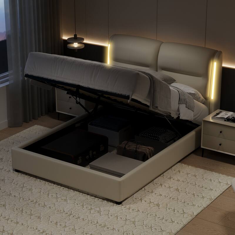 Upholstered Frame Bed Hydraulic Platform Bed with Lift-Up Storage, Queen Size Bed, Wingback Headboard with Sensor Lights