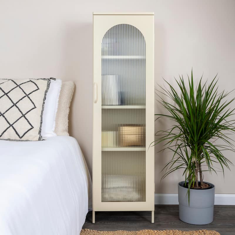 Solstice Metal Cabinet with 3 Adjustable Storage Shelves and Arched Glass Door