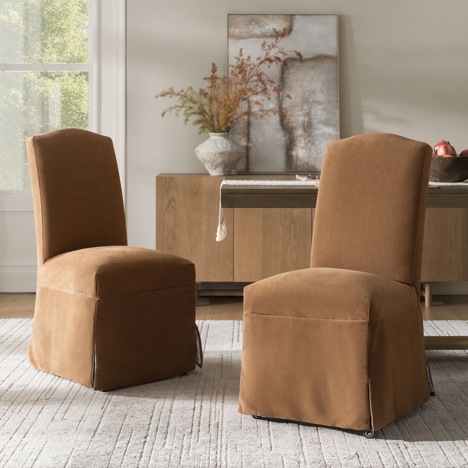 HULALA HOME Albeniz Transitional 40"Tall Solid Wood Legs Dining Chair with Casters and Removable Washable Slipcover Set of 2