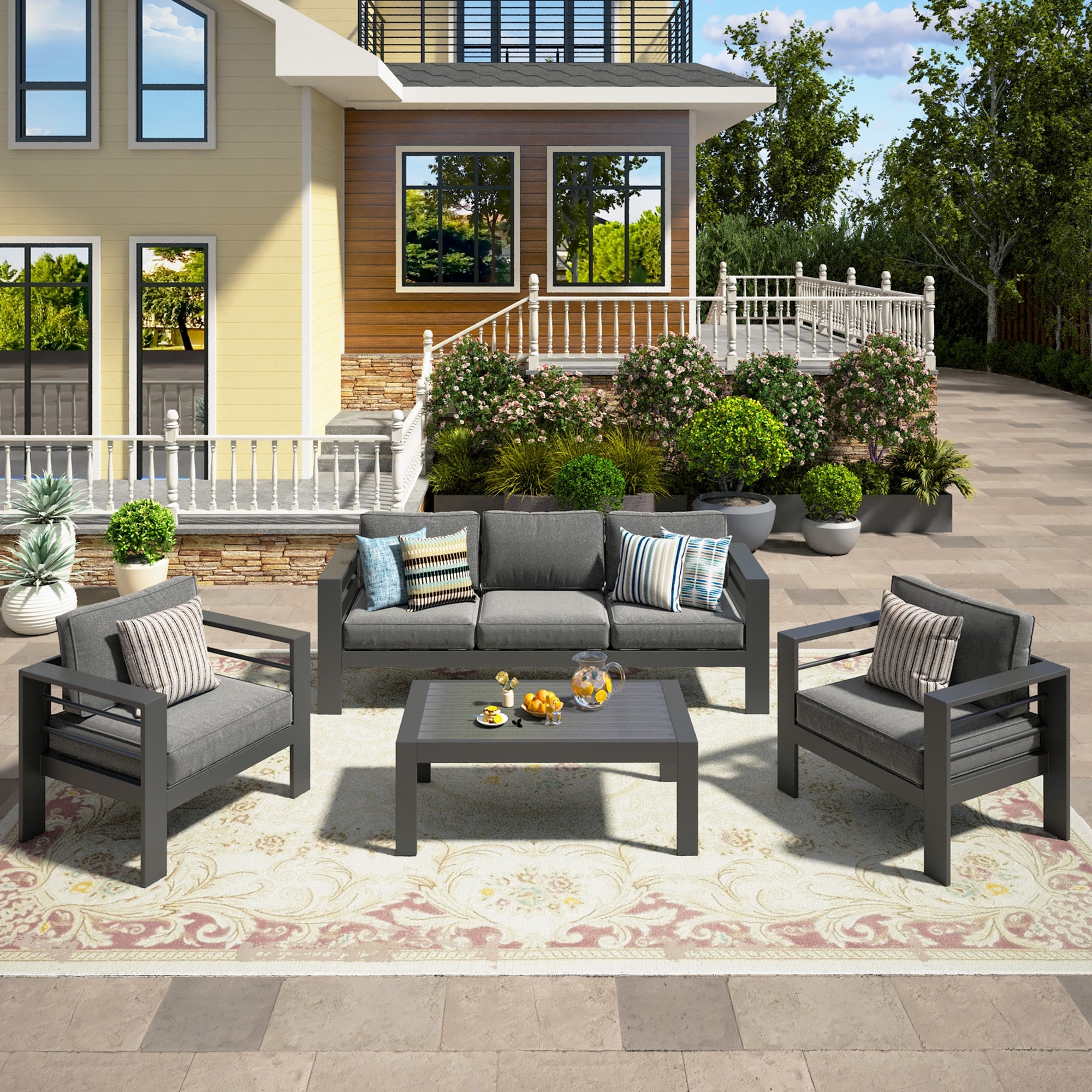Royalcraft 4-Piece All-Aluminum Patio Set with 5" Cushions & 3.2" Widened Armrest, Seats 5, 250 lbs - 4-Piece Sets