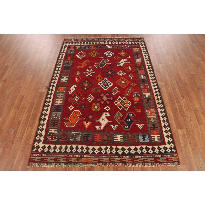 Kilim Qashqai Persian Vintage Area Rug Hand-Woven Red Wool Carpet - 4'8"x 6'7"