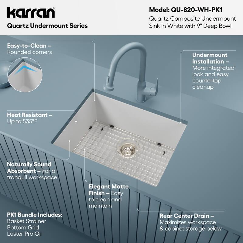 Karran Undermount 24.38 in Single Bowl Quartz Kitchen Sink Kit