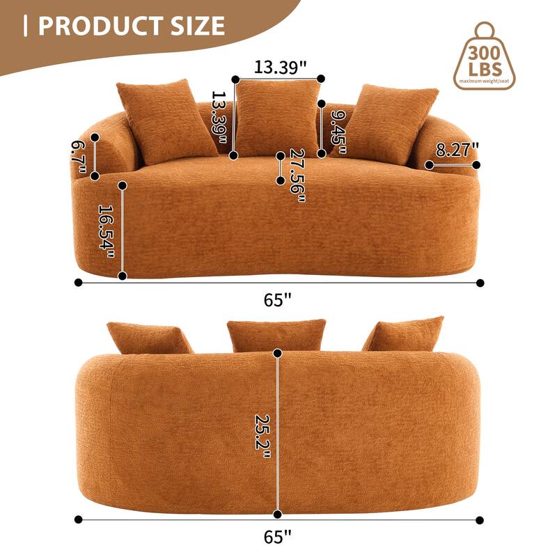 Curved Loveseat Orange Sofa, 30D Chenille, Compact for Small Spaces, 65"L, 300 lbs, 3 Pillows