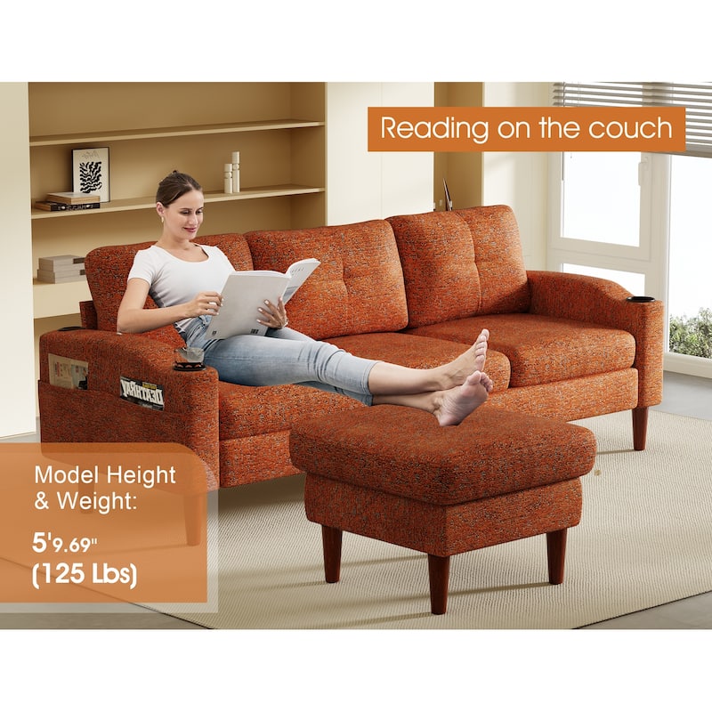 3 Seater L-shaped Sectional Sofa with Storage Ottoman, Built-in USB Ports, Cup Holders and Side Pockets for Living Room