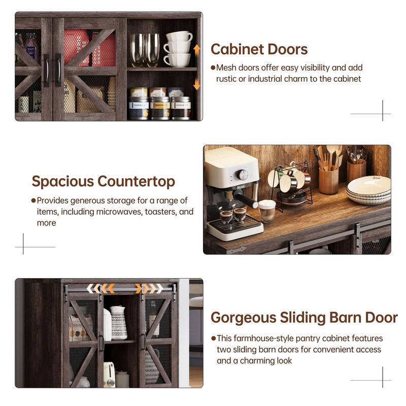 Gymojoy 71" Farmhouse Pantry Cabinet with LED Lights & Charging Station, Tall Kitchen Storage with Adjustable Shelves