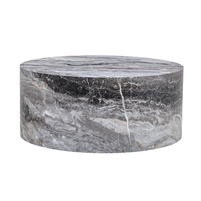 Round Sofa Table with Natural Marble Textured, Cylindrical Coffee Table Accent Table for Living Room