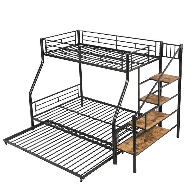 Twin Over Full Size Metal Bunk Bed with Trundle & Storage Staircase, Bedroom Heavy Duty Bed Frame with Full-Length Guardrail