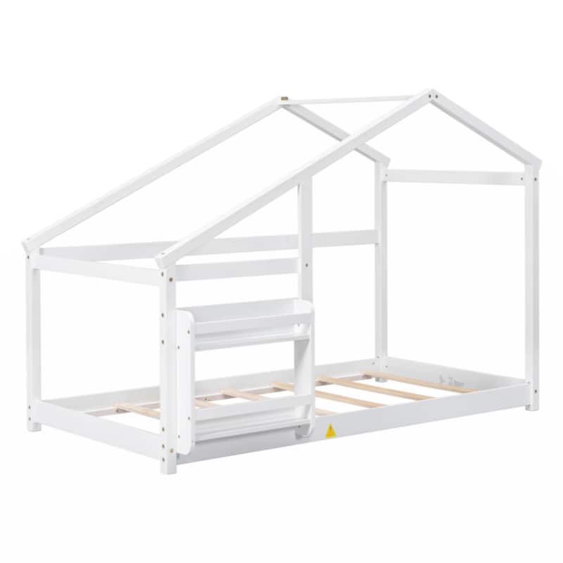Twin Size Wooden House Bed, Twin Floor Wooden Bed with Shelf