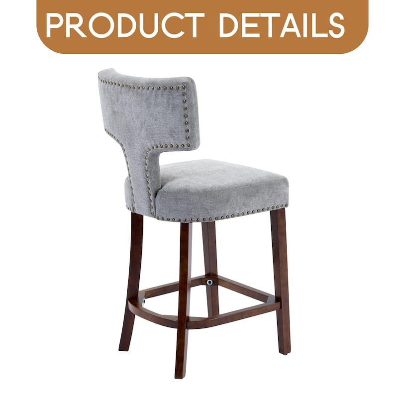 Mid Century Modern Counter Height Bar Stools Set of 2, Farmhouse Linen Fabric Upholstered Accent Chair Curved Backrest