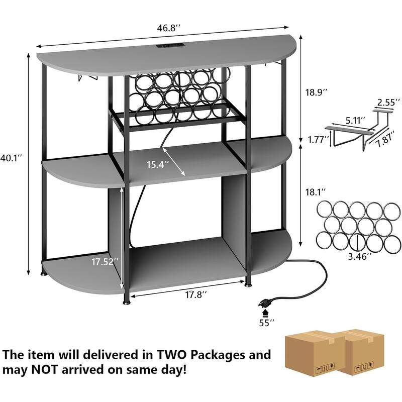 BOSSIN Wine Rack with Power Outlet and LED Lights, Home Bar Table Cabinet for Liquor with Fireplace,4-Tier Storage Glass Holder