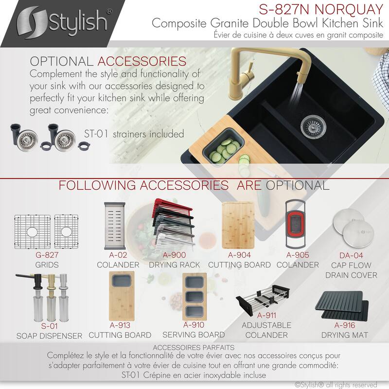 STYLISH 27 inches L x 18 inches W Double Bowl 60/40 Dual Mount Composite Granite Kitchen Sink - 27" x 18" x 9.5"