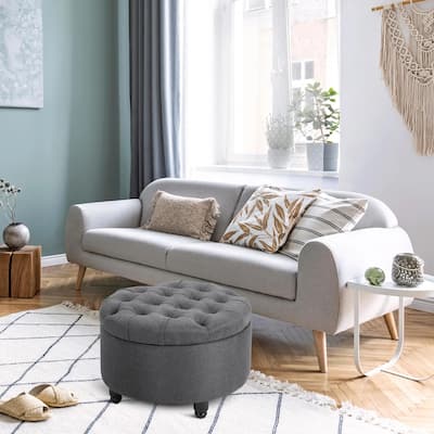 Round Linen-touch Fabric Storage Footstool Ottoman with Removable Lid