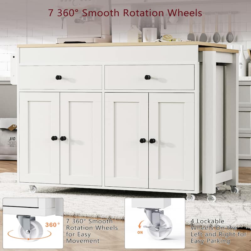 4 Door Kitchen Island Cart with Extendable Dining Table, Rolling Kitchen Island on Wheels with Spice Rack and 2 Drawers