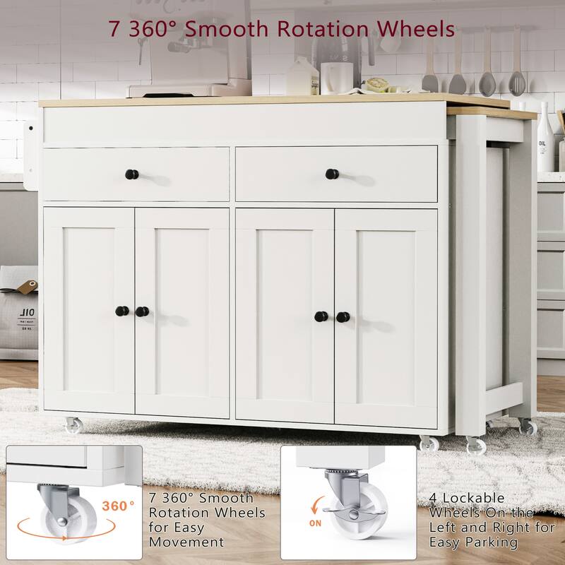 Kitchen Island with Extendable Dining Table, Rolling Island Cart on Locking Wheels, Breakfast Bar with 2 Drawers & 4 Door