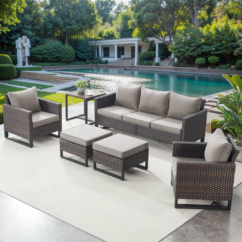 3-Seat Sofa with Patio Chair Ottoman Funiture - Brown - Grey