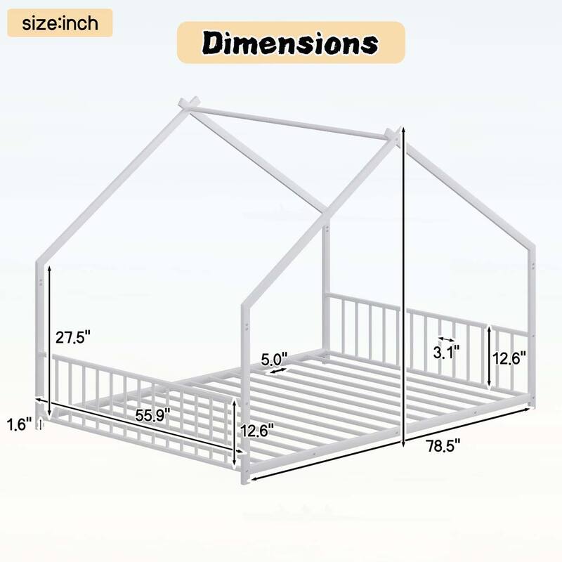 Platform Bed with LED light strips,roof-shaped iron frame,and low profile design for safety and style
