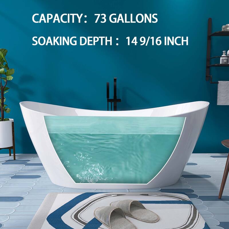 68 in. x 30 in. Acrylic Free Standing Soaking Tub with Overflow and Center Drain in White