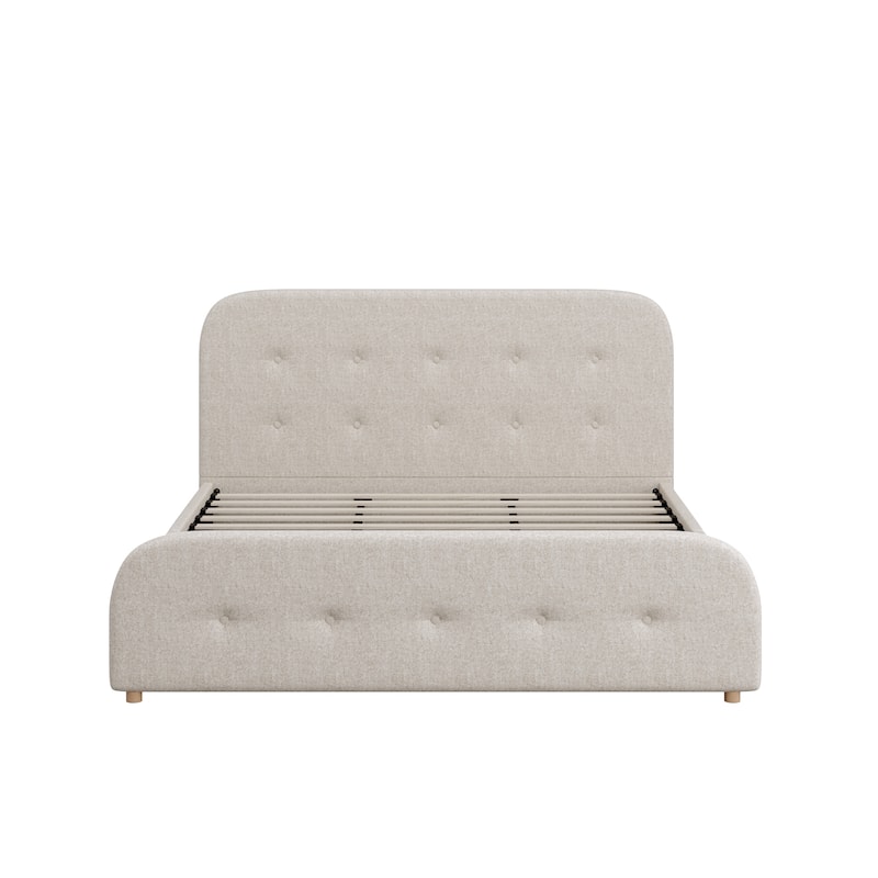 King Size Beige Linen Upholstered Platform Bed Tall Tufted Headboard & High Footboard Minimalist Storage Bed Frame w/Drawers