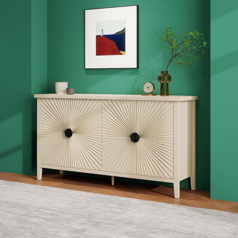 Roomfitters Modern 4 Door Sideboard, Buffet Cabinet with Carved Storage, Coffee Bar Cabinet with Adjustable Shelf, Natural