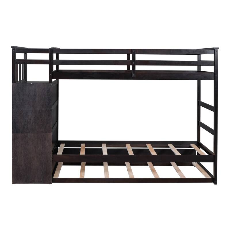 Twin Over Twin Bunk Bed with Trundle and Staircase, Espresso Finish