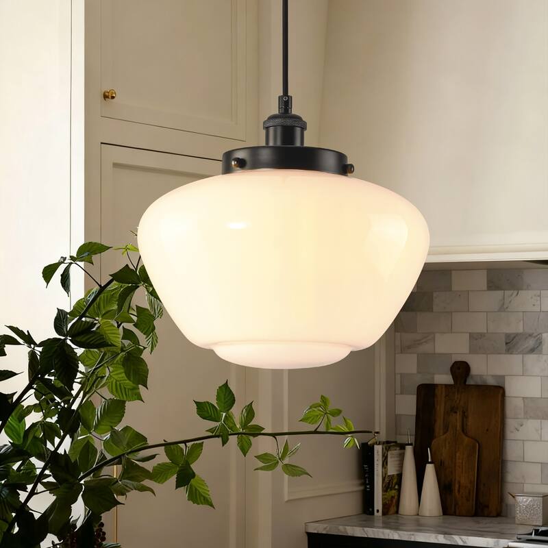 1-Light Mid-Century Modern Brass/Black Frosted Glass Globe Dome Pendant Light
