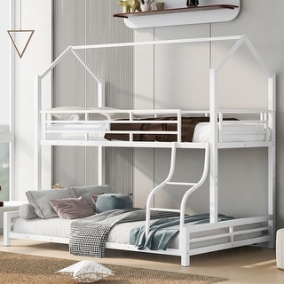 Metal House Bunk Bed with Roof, Twin over Full, White
