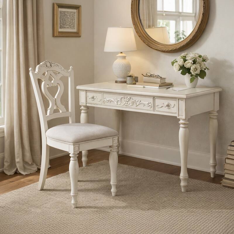 Victorian Style Writing Desk Chair with Engraved Backrest, Antique White