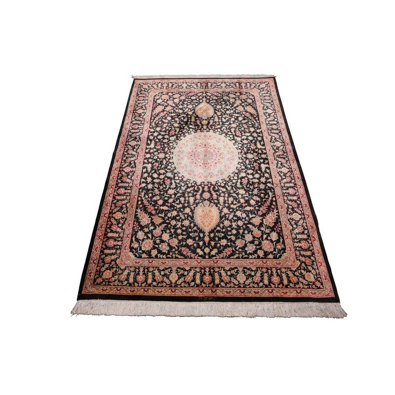 4'5''x6'4'' Hand Knotted Charcoal Qum All Silk Traditional area Rug - 4' 5'' x 6' 4''