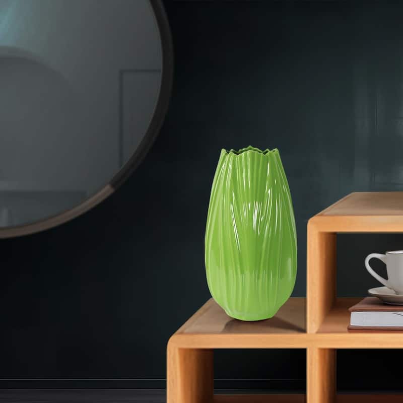 Allan Andrews Contemporary Glossy Green Curved Detailed Ceramic Vase - 12.5"H
