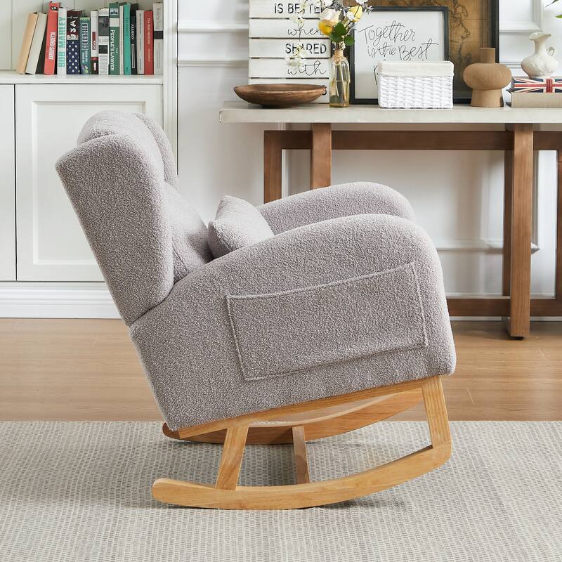 Grey Modern Upholstered Rocking Chair with Sturdy Thickened Rubber Wood Base and Side Pocket