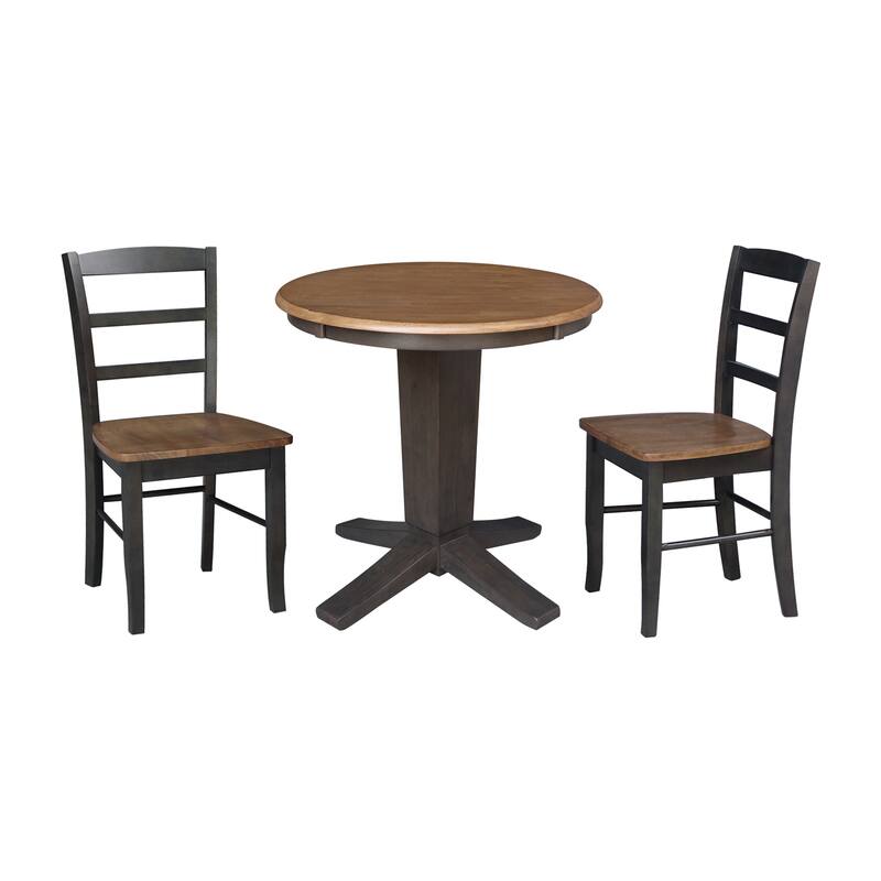 30 in Solid Wood Round Top Pedestal Dining Table with 2 Dining Chairs in Hickory/Washed Coal