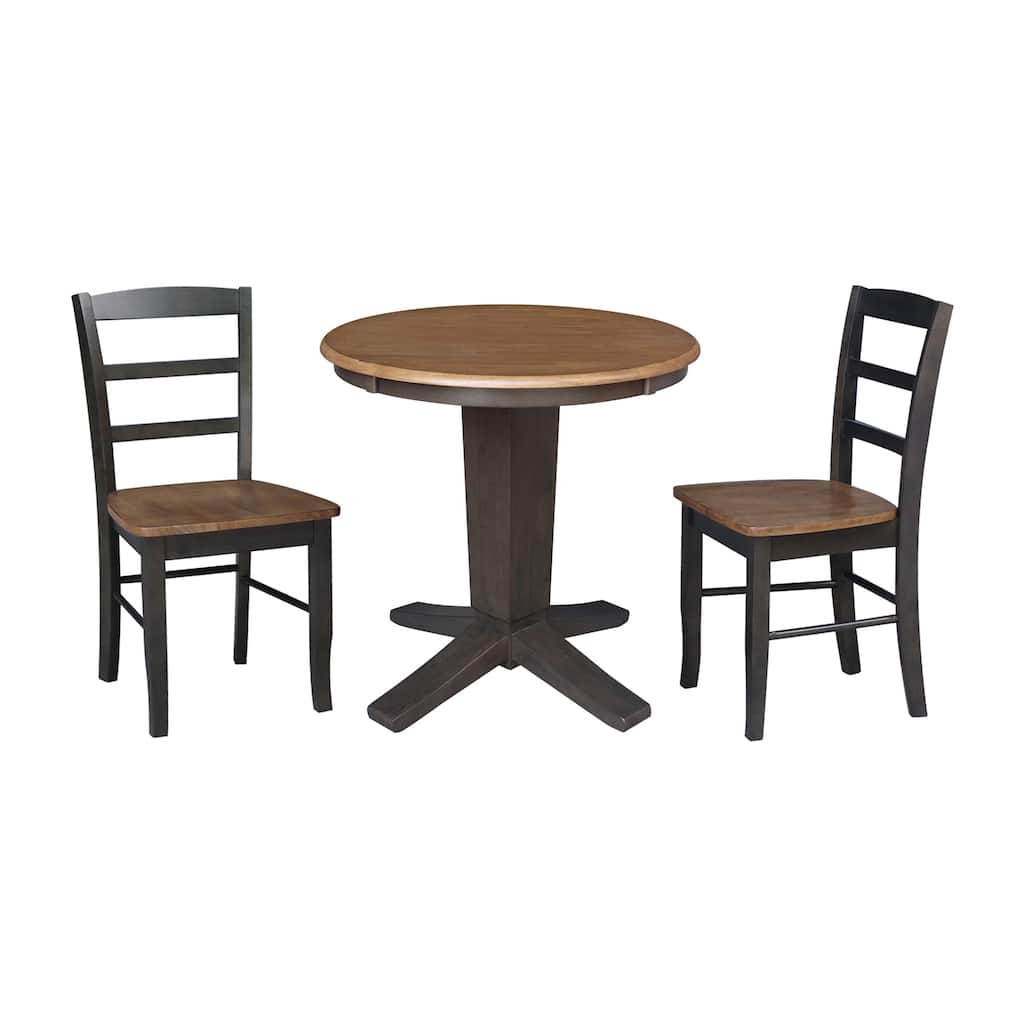 30 in Solid Wood Round Top Pedestal Dining Table with 2 Dining Chairs in Hickory/Washed Coal