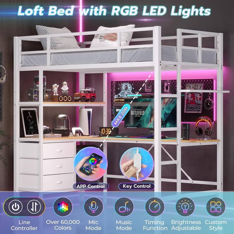 Loft Bed with L-Shaped Desk Charging Station Metal LED Lights 3 Fabric Drawers