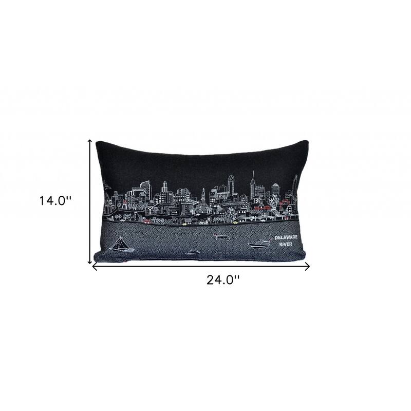 HomeRoots 25" Black Philadelphia Nighttime Skyline Lumbar Decorative Pillow
