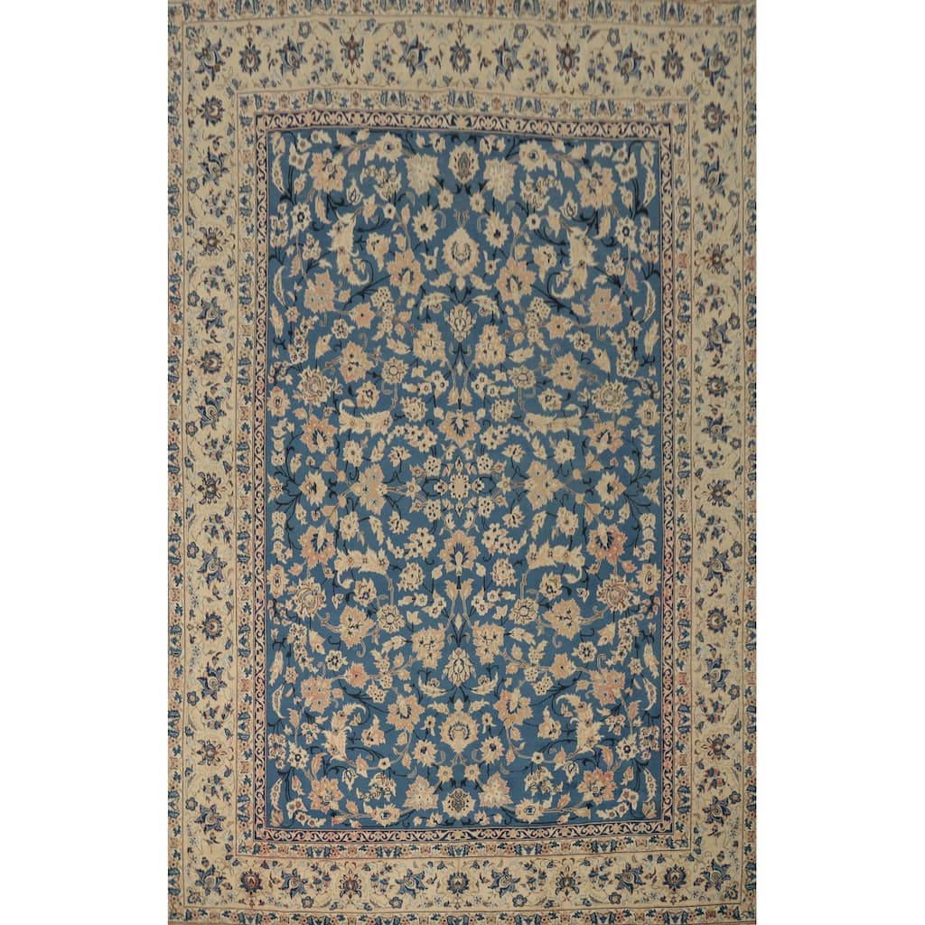 Hand Knotted Oriental 100% Wool Carpet Traditional All-Over Navy Blue & Blues Kashan Area Rug - 12' 6'' X 9' 3''