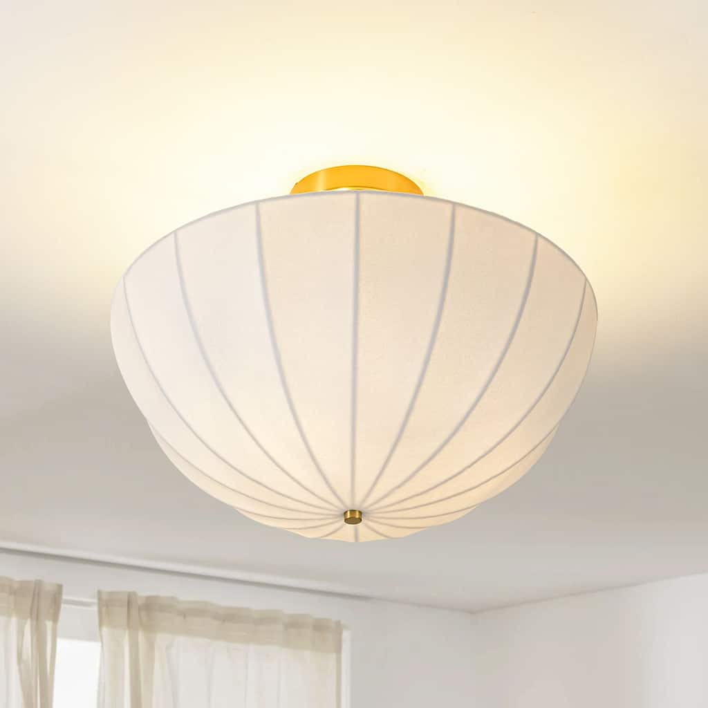 3-Light Mid-Century Modern Silk Flush Mount Ceiling Light, Semi Dome Fabric Shade for Bedroom - 3 Light