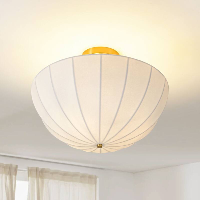 3-Light Modern Silk Flush Mount Ceiling Light, Semi Dome Fabric Shade for Bedroom - 3 Light